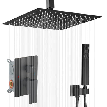16 Inch Ceiling Mount Matte Black Shower System Bathroom Luxury Rain Mixer Shower Combo Set Ceiling Rainfall Shower