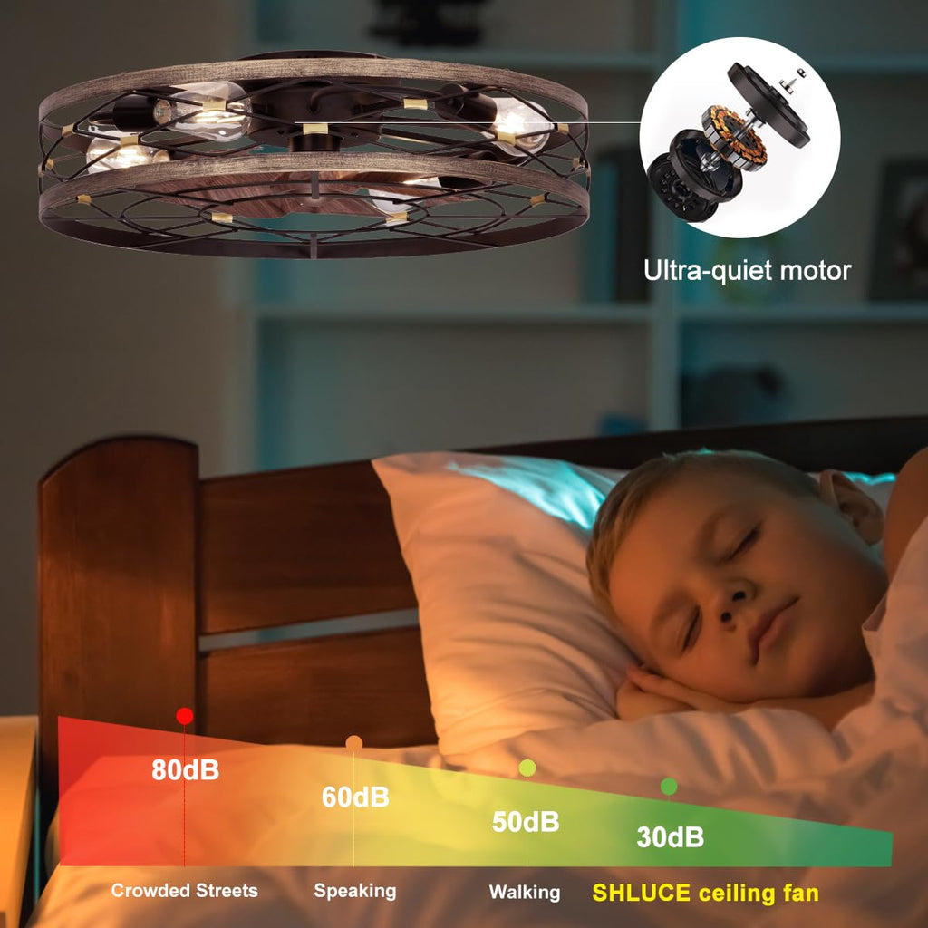 21.7" Farmhouse Flush Mount Caged Ceiling Fans with Lights and Remote, Low Profile Fandelier Ceiling Fan with Light