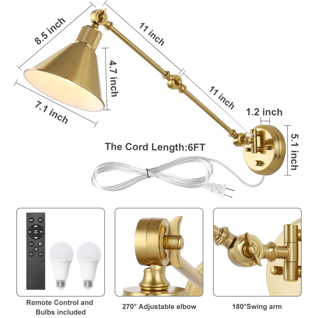 Wall Sconce with Remote Control, Brushed Brass Plug in Wall Sconces Dimmable and Adjustable Color Temperature