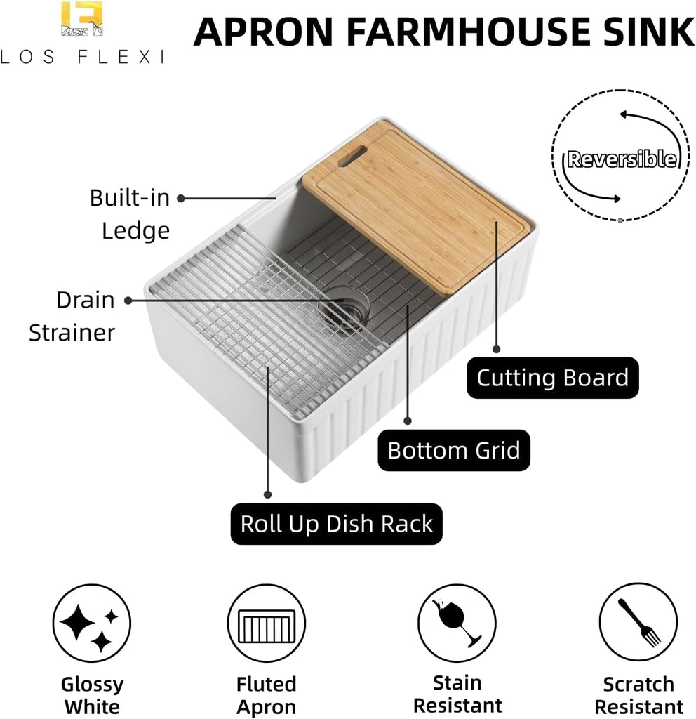 Farmhouse Sink 30 Inch, 30"W x 20"D White Kitchen Workstation Sinks, Fireclay Single Bowl Kitchen Farm Sink with