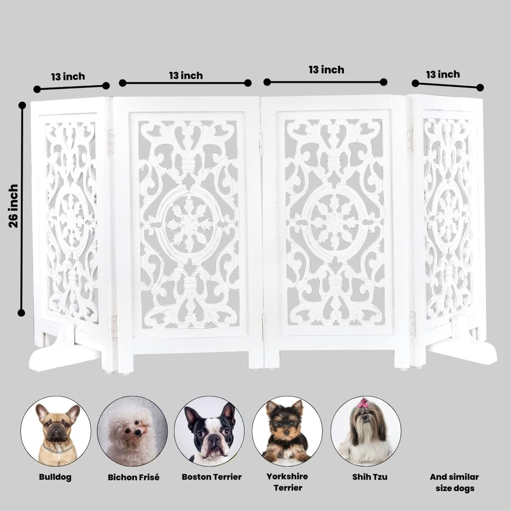 Wooden Pet Gate - Foldable 4 Panel Dog Barrier, Antique White