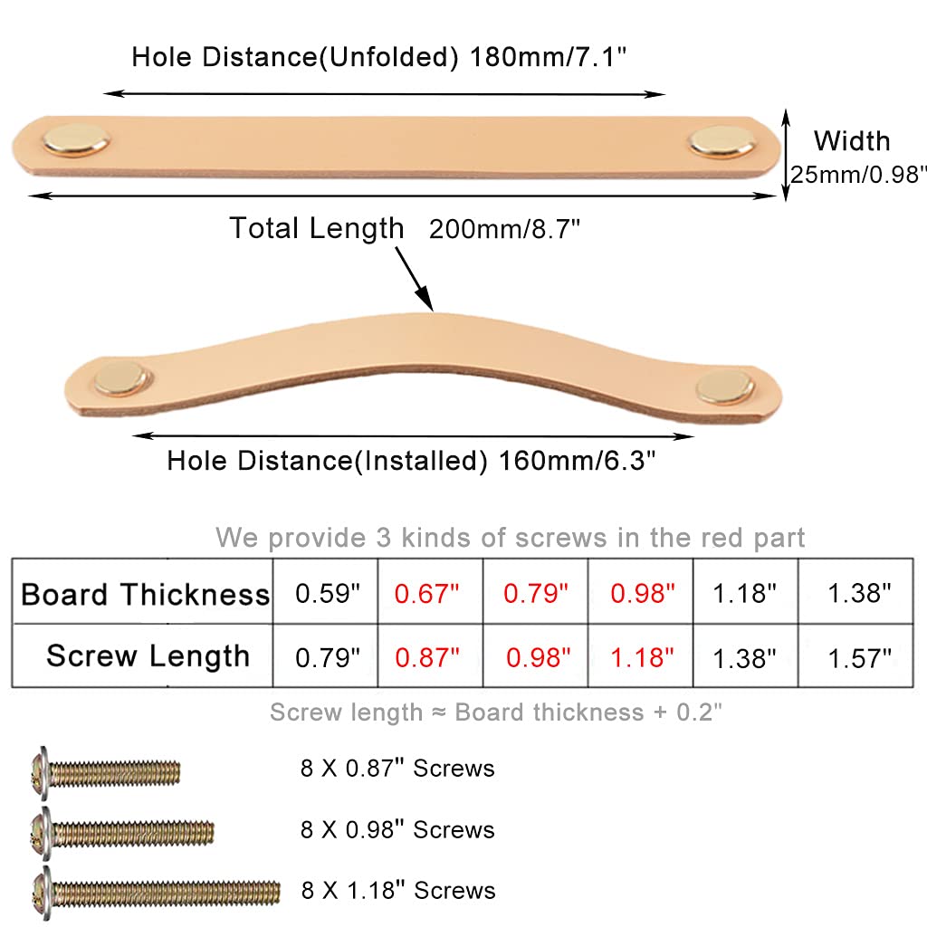 8 Pack 200mm Lengthened Soft Genuine Leather Drawer Pulls Handle,Wardrobe Cabinets Kitchen Closet Knobs Door Pulls