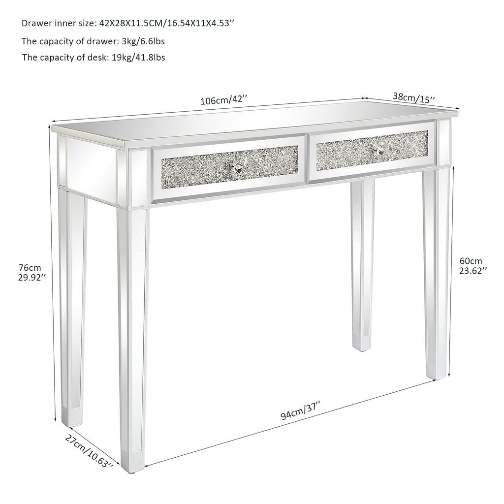 Mirrored Desk with 2 Drawers Silver Console Table Mirror Sofa Table with Crystal Inlay Front, Foyer, 42 Inch