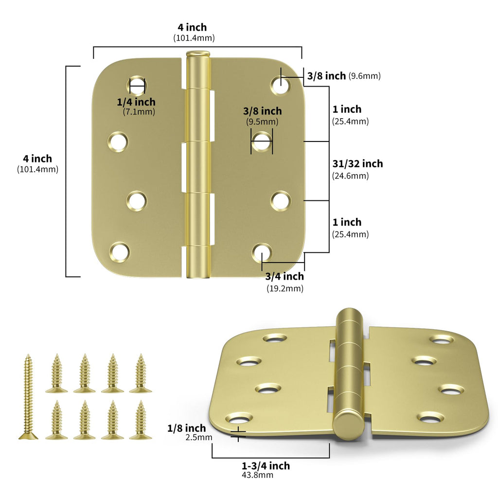 3 Pack Satin Brass 4"x 4" Door Hinges 5/8" Radius Corners