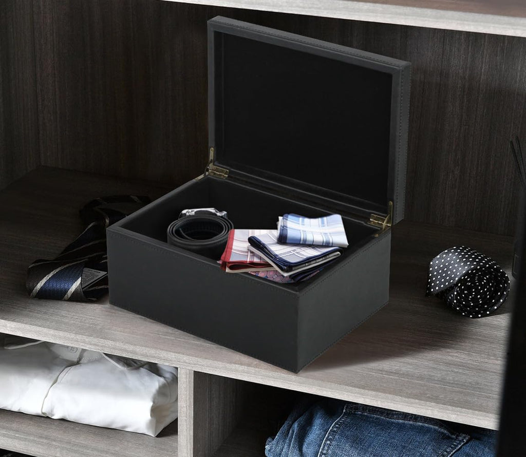 Faux Leather Decorative Box, Large Wooden Structure Keepsake Box Accessory Organizer Jewelry Organizer with Hinged