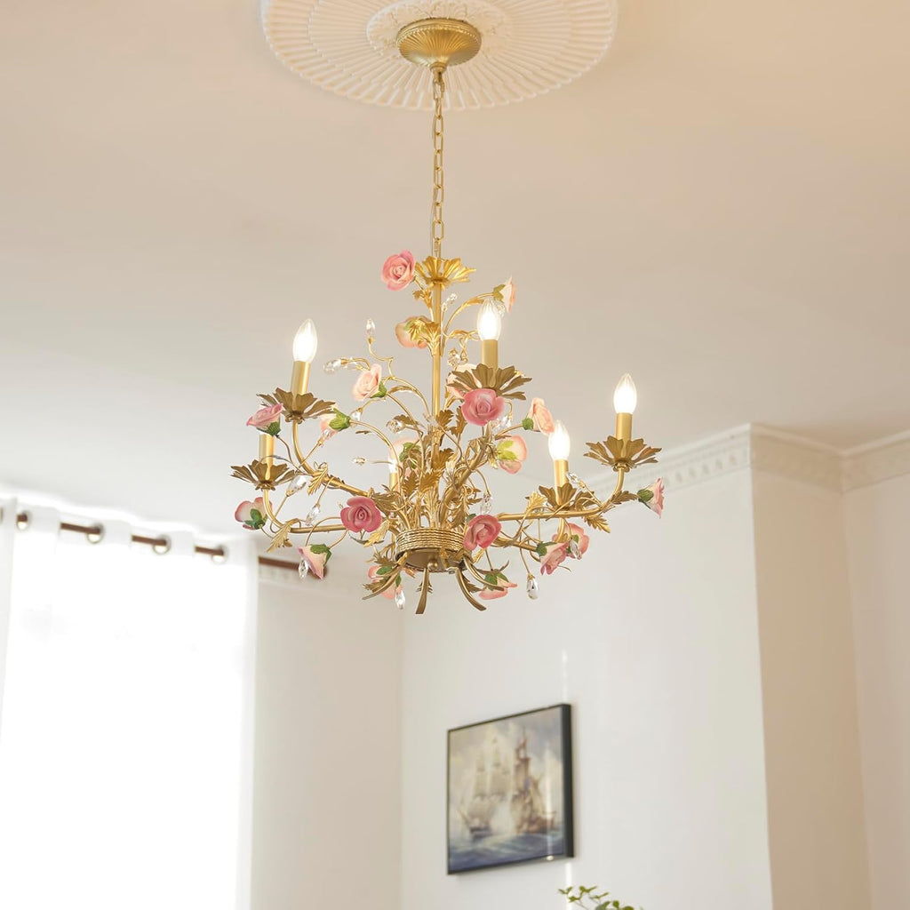 Gold Wrought Iron Floral Chandelier with Pink Ceramic Roses & Crystals, 6-Light French Country Candle Fixture