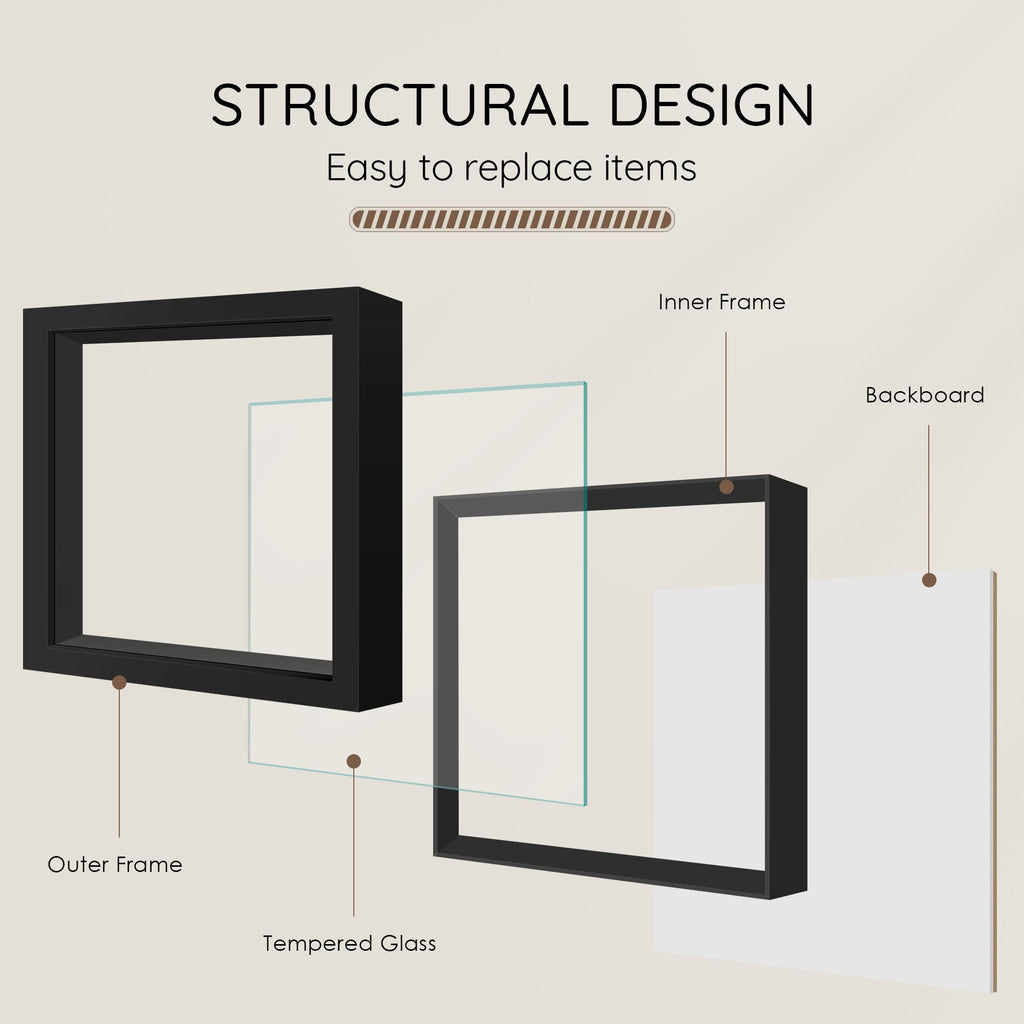 12x12 Black Wooden Shadow Box Frame, Tempered Glass, 2 Pack
