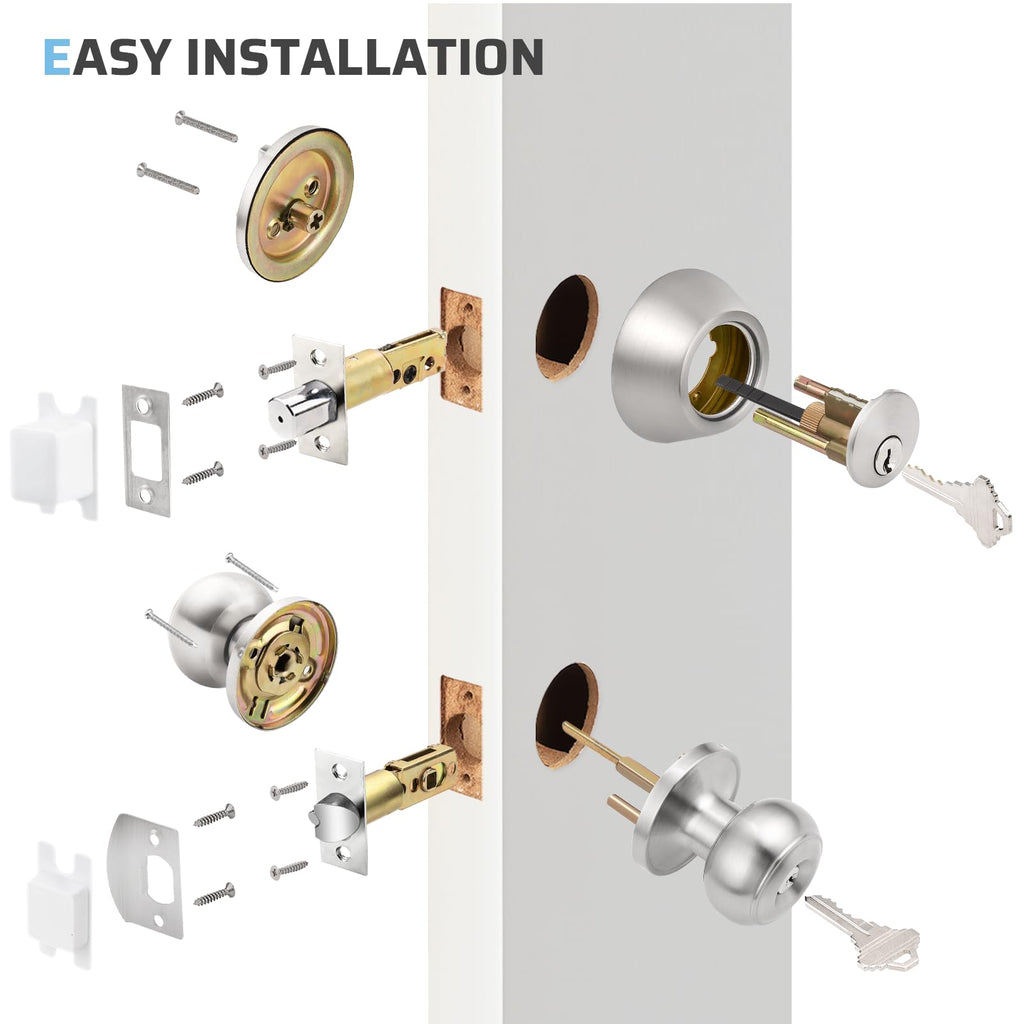 Keyed Entry Door Knob and Single Cylinder Deadbolt Combo Set, Exterior Door Knobs for Entrance and Front Door, Keyed