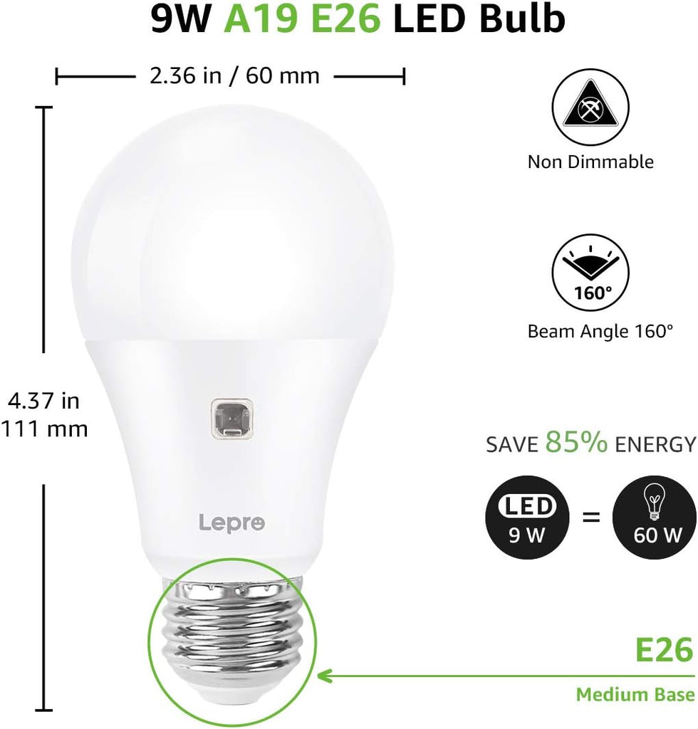 A19 E26 Dusk to Dawn LED Light Bulbs Outdoor 9W 806 Lumens 2 Pack