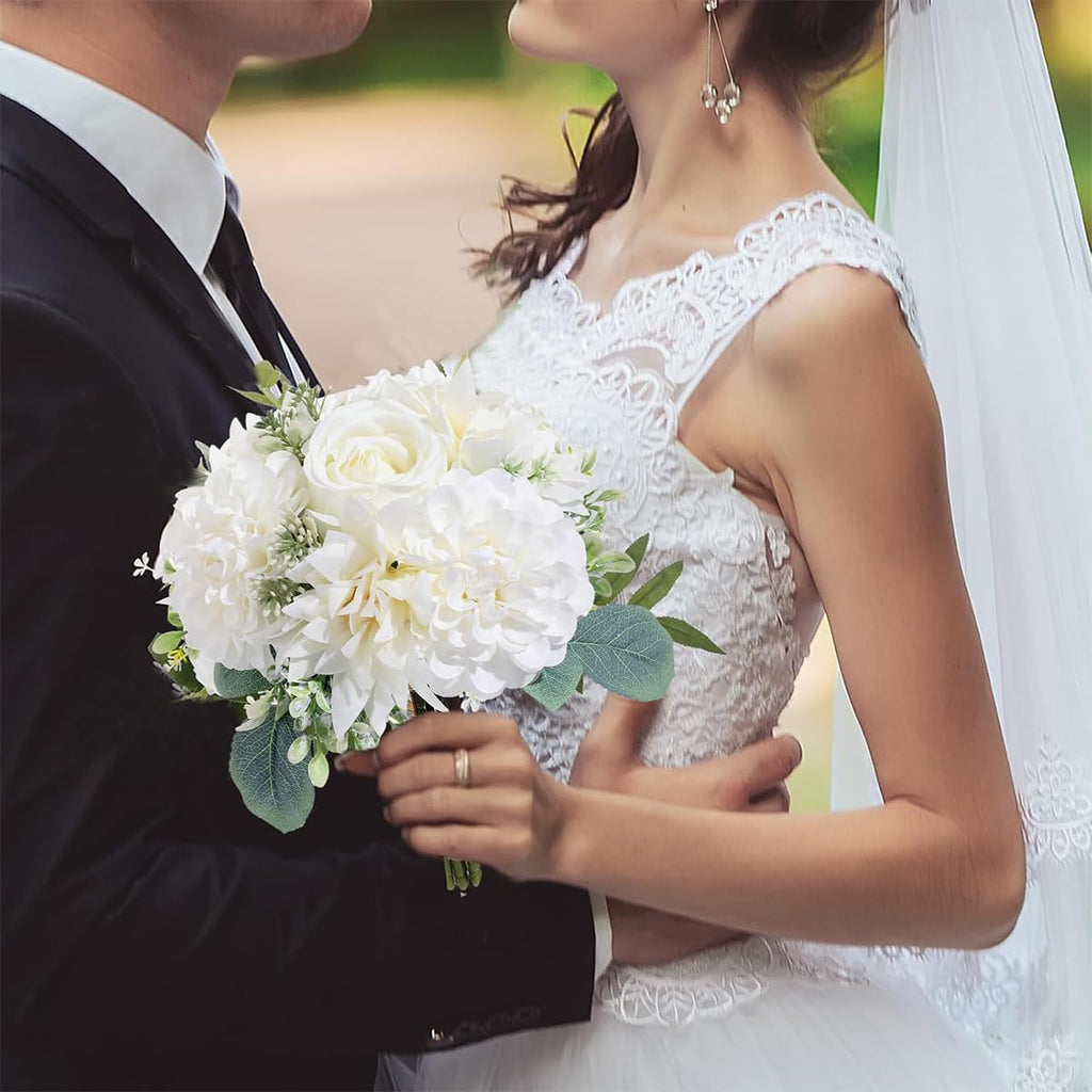 Wedding Bouquets for Bridesmaids, White Artificial Rose Flowers, Silk Bouquet Set for Bride, Church Ceremony Wedding