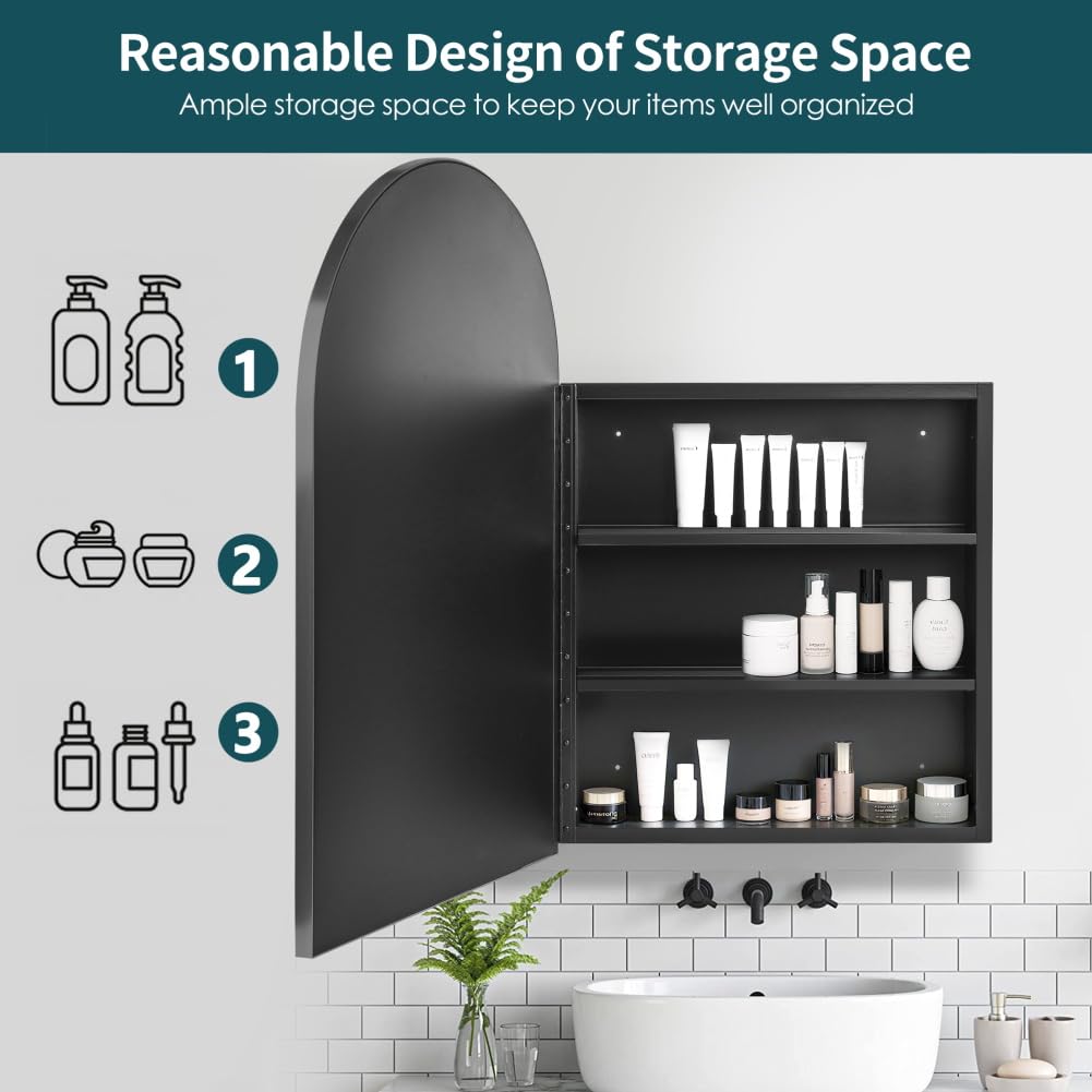 Arched Black Medicine Cabinet with Mirror 20 x31 Inch