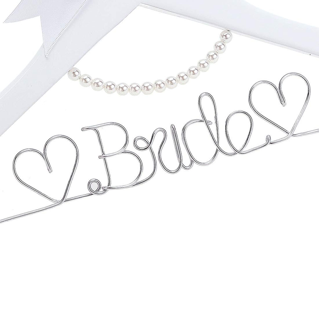White Solid Wood Bridal Dress Hanger with Bridal Wire Lettering for Bridal Wedding Party Gift (White Hanger Silver