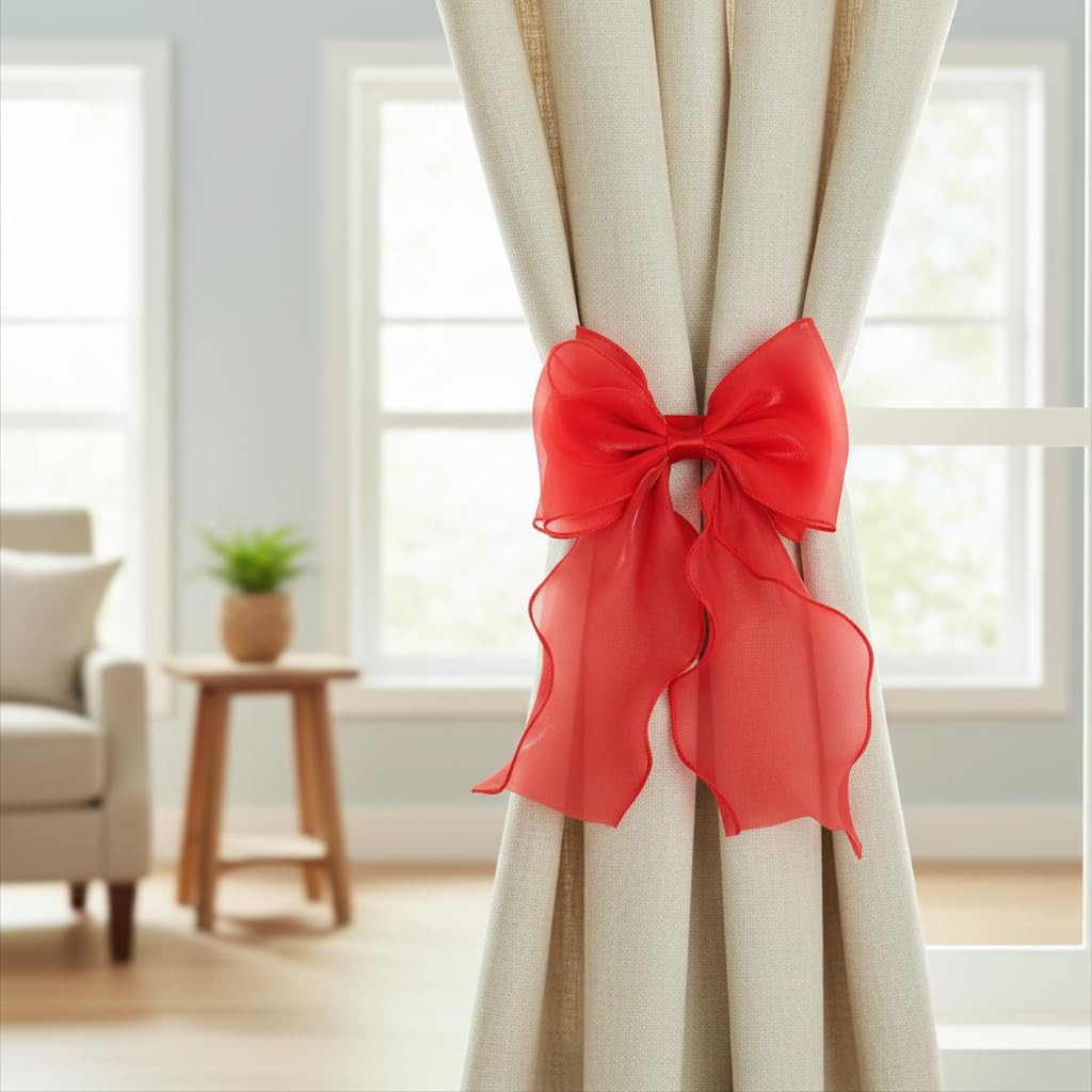 French Lace Bow Curtain Tiebacks, Red - 2 Pack