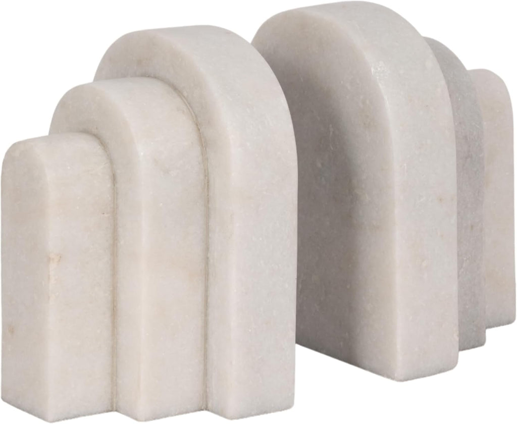 White Marble Bookends - Decorative Stone Book Holders for Shelves, Desks & Tables - Modern Home & Office Shelf