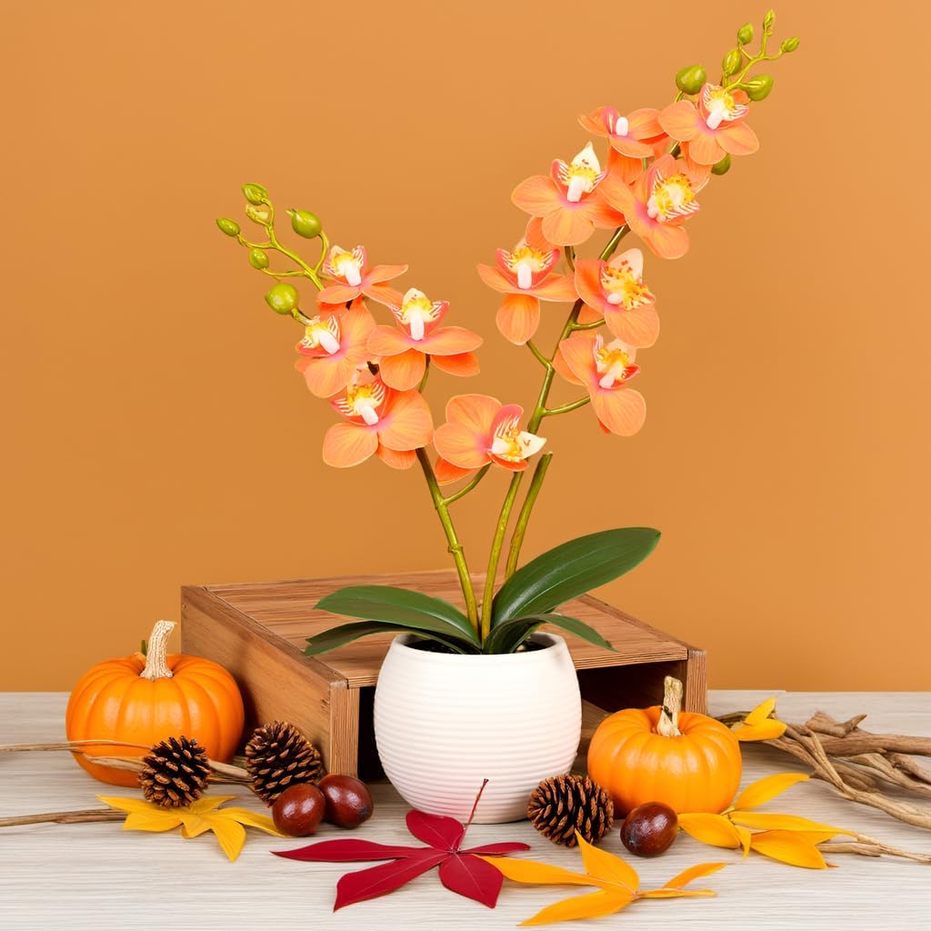 Orange Artificial Orchid Flower Potted in White Pot for Fall Decor - Set of 2