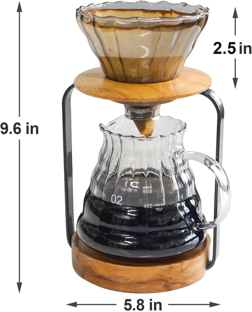 Pour Over Coffee Station Dripper Stand Coffee Filter Wooden Filter Holder Glass Server with Paper Coffee Filters