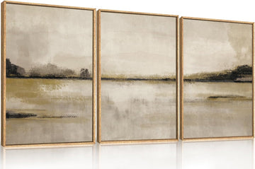 Neutral Abstrcat Landscape Framed Canvas Wall Art Set, Retro Mountain Lake Wall Decor, Vintage Tan Scenery Art