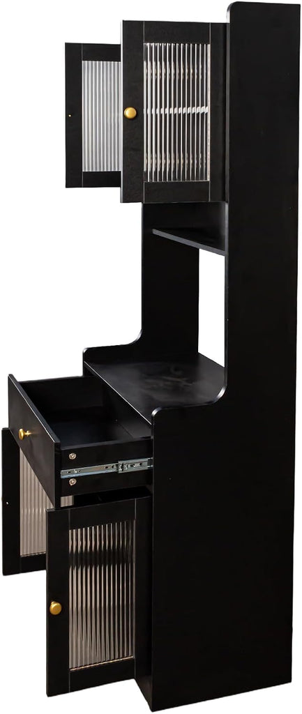 70.87" Tall Kitchen Pantry Storage Cabinet with Countertop, Glass Doors, Drawers, Microwave Stand and Shelves