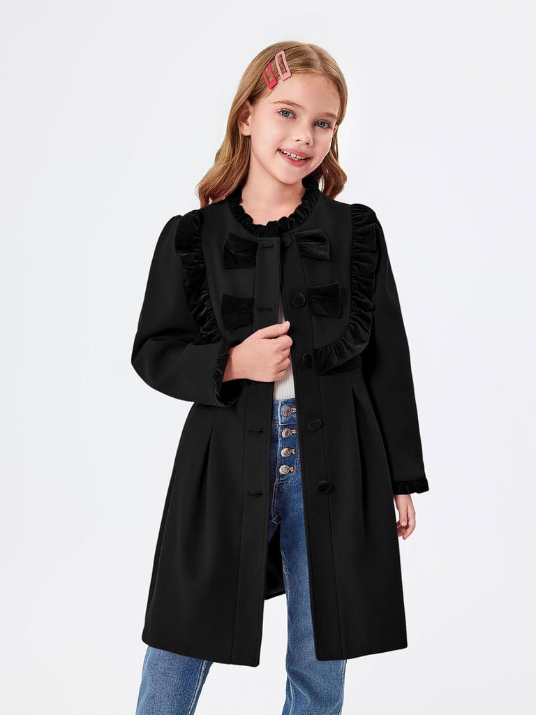 Girls Dress Coat Kids Ruffle Button Down Cute Bow Long Winter Jackets with Pockets