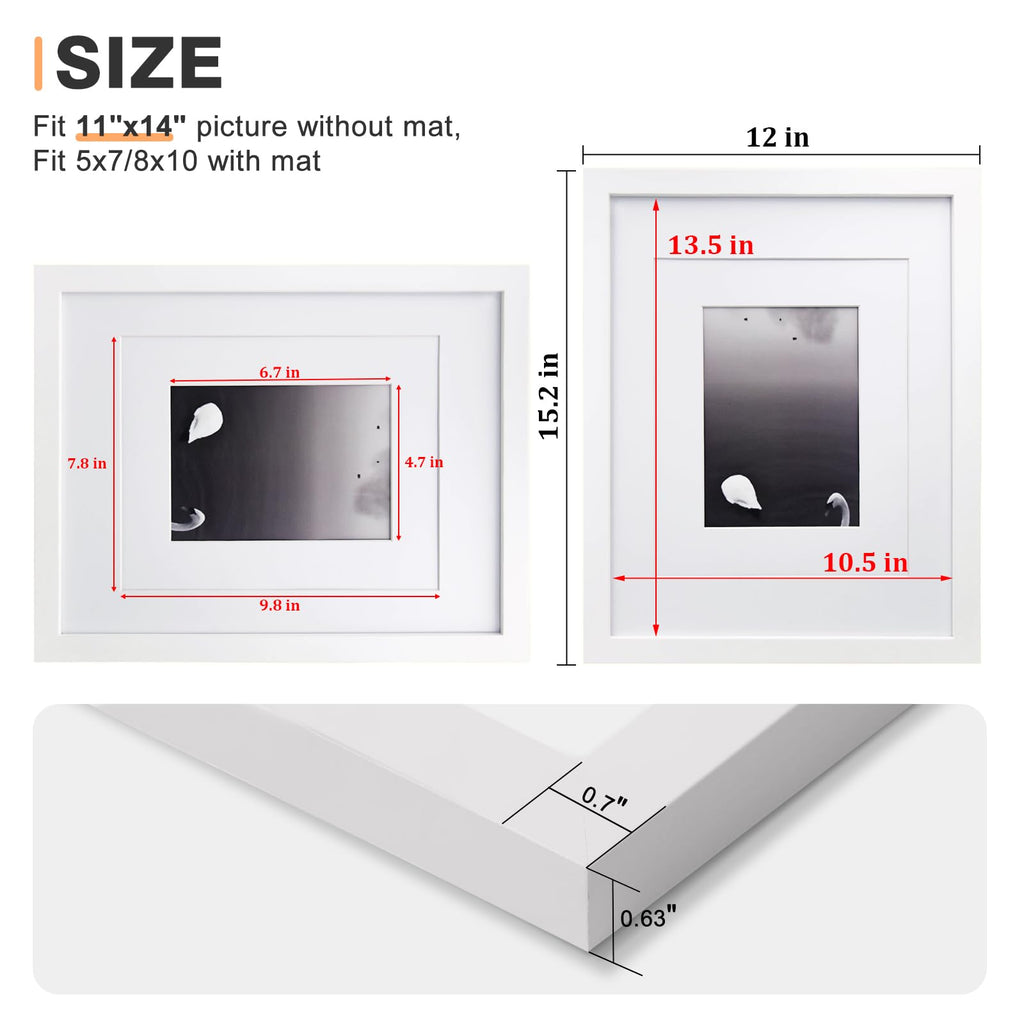 11x14 Picture Frame White - Photo Frame Made of Solid Wood Covered by Plexiglass for Table Top Display Pictures