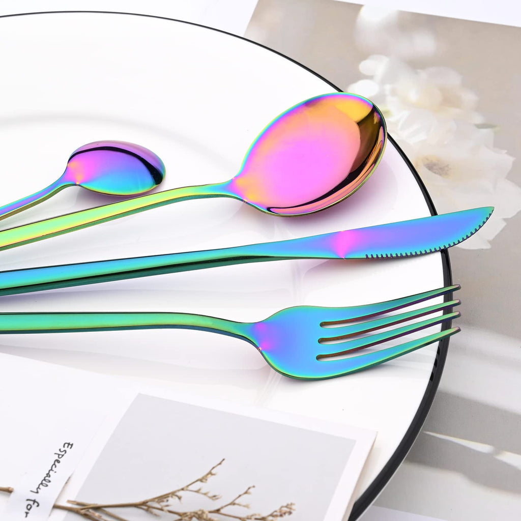 24-Piece Mirror Rainbow Flatware, 18/0 Stainless Steel Dinnerware Set Include Knife Fork Spoon Teaspoon Cutlery Set