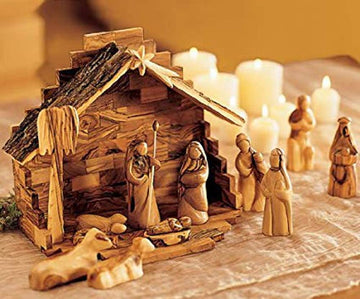 Land Market Inspirational Christmas Decorations Indoor Nativity Set - Antique Style Olive Wood Handmade 12-Piece