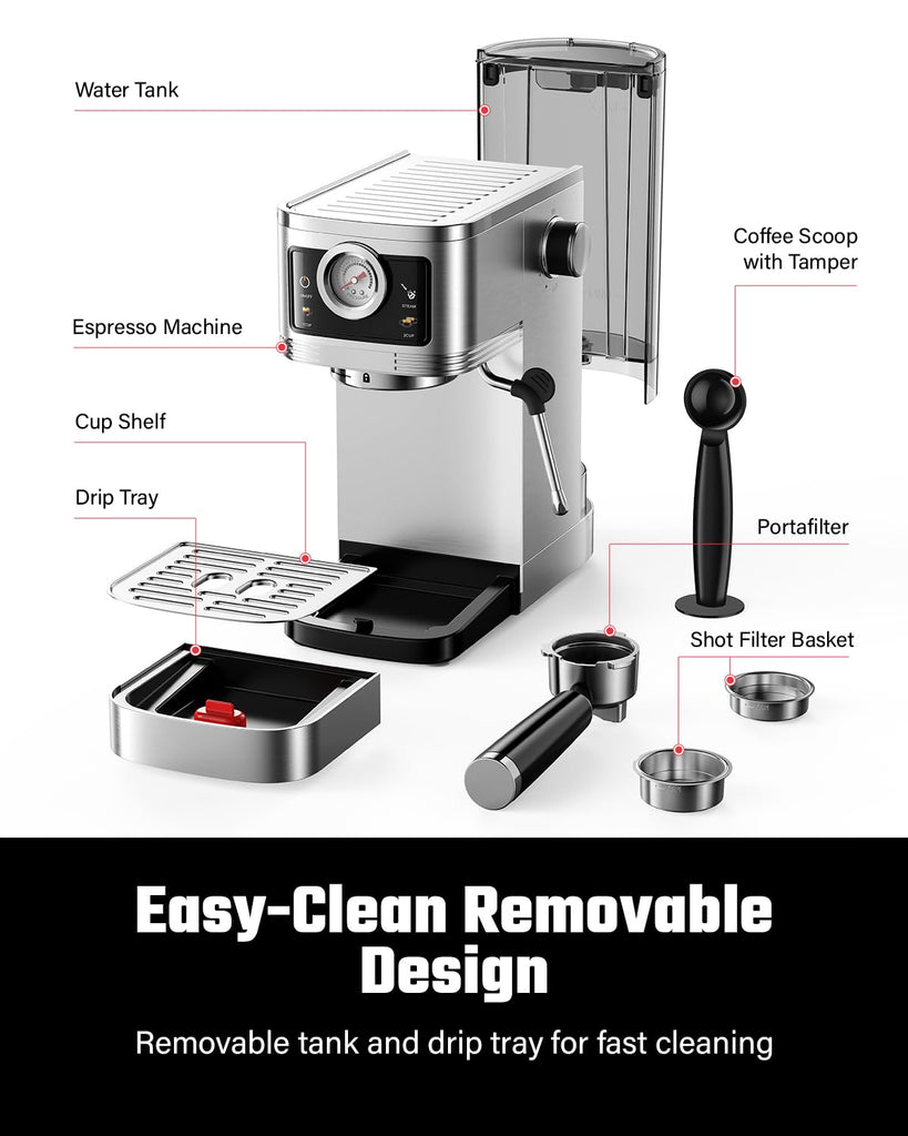 Espresso Coffee Machine 20 Bar with Milk Frother, Stainless Steel