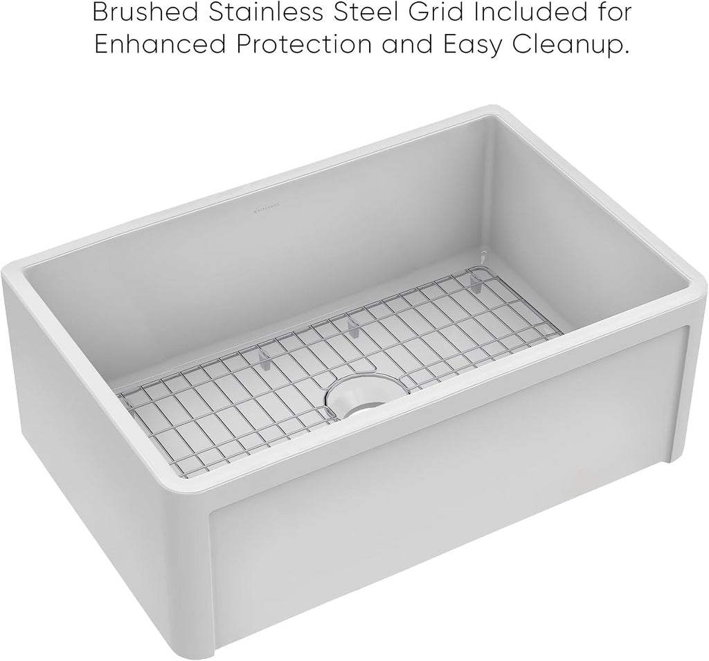 Kitchen Sink, 27" Reversible Single Bowl Fireclay Sink with Three Edge Frame, Plain Front Apron, Gloss White Finish