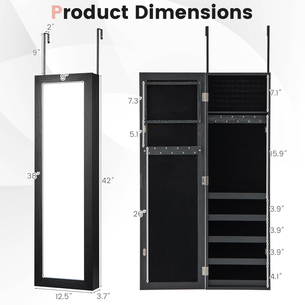 42" Jewelry Armoire, Wall/Door Mounted Hanging Jewelry Cabinet (Black)