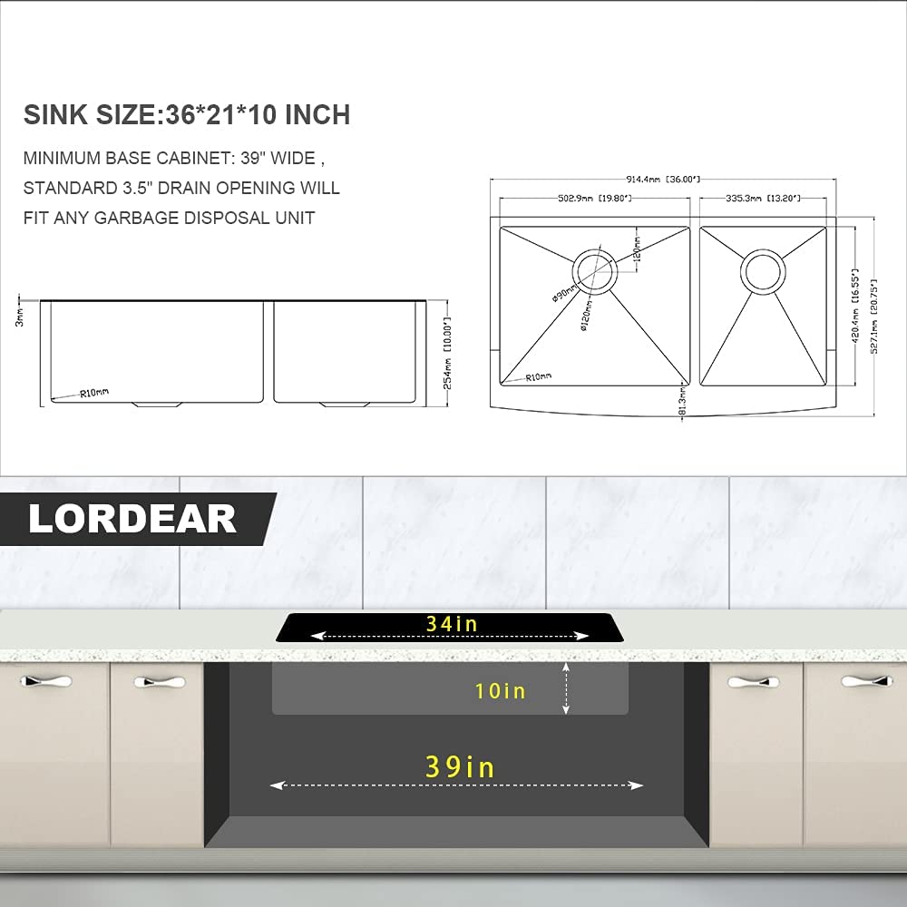 36 Inch Double Bowl Farmhouse Kitchen Sink T304 16 Gauge Stainless Steel Undermount Farmhouse Kitchen Sinks 60/40
