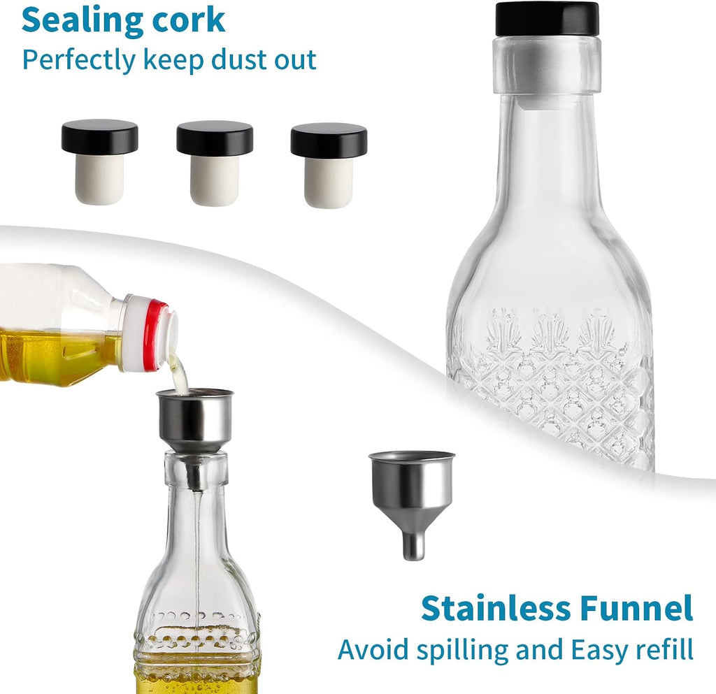 Oil and Vinegar Dispenser Set, 17oz Clear Glass Olive Oil Bottles, Kitchen Vinegar Decanters with 3 Spouts, 3 Plugs - Set of 3