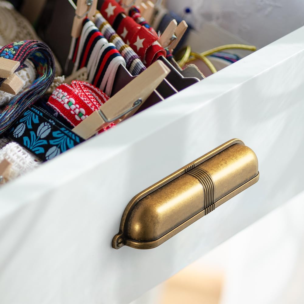 6 Pack 5 Inch Antique Brass Cup Pulls with Textured Strap Design, Elegant Vintage Bin Handles & Furniture