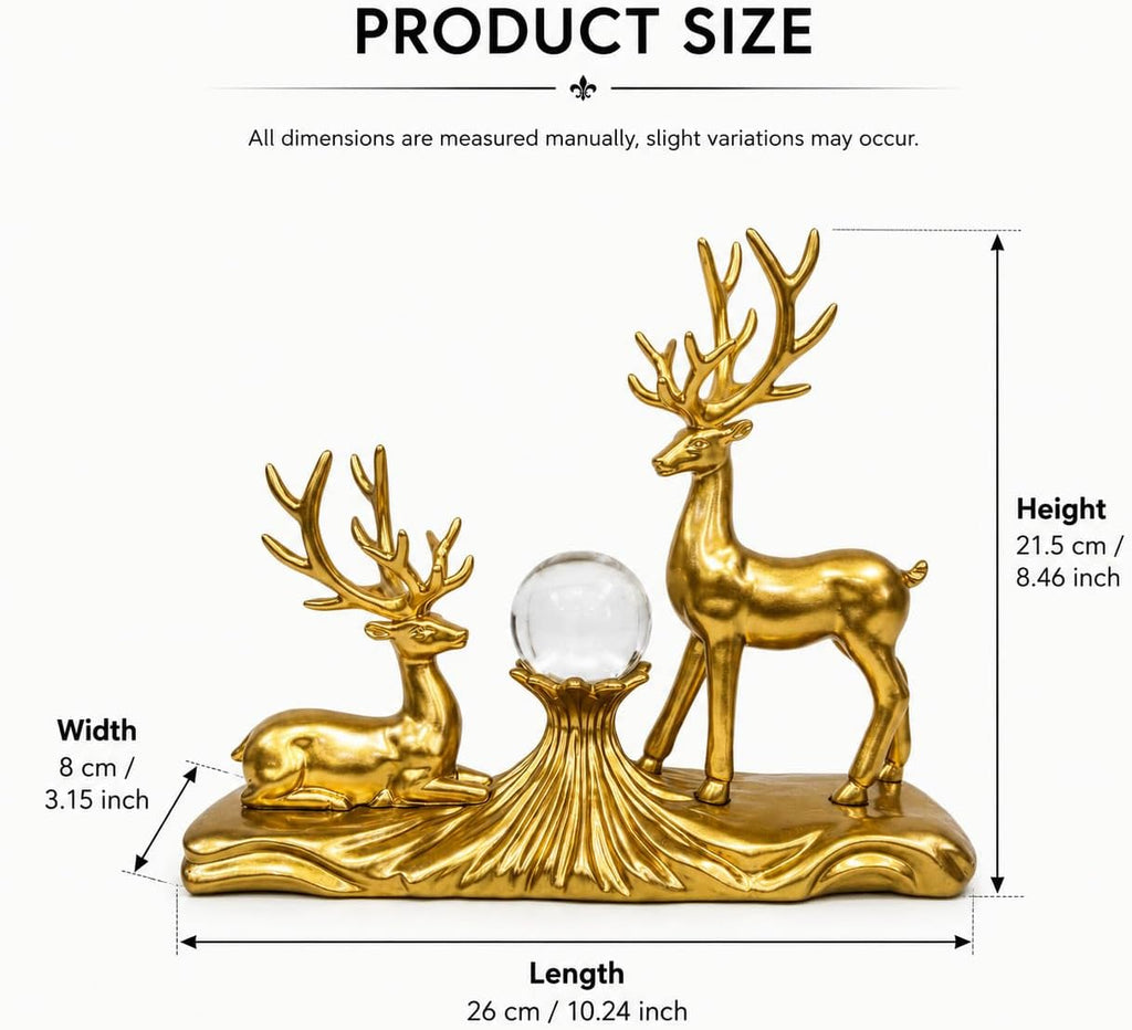 Gold Resin Deer Figurine Set with Crystal Ball, 26 x 21.5 cm