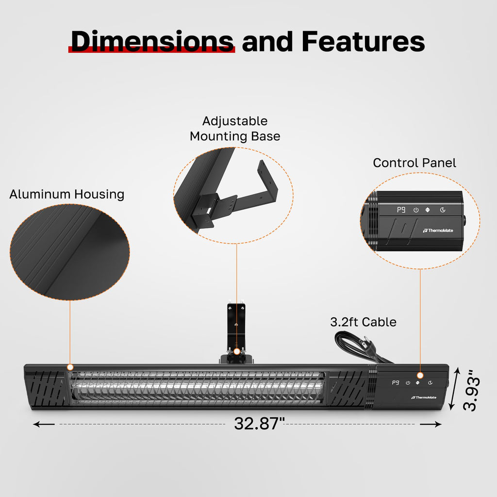 Infared Patio Heater for Outdoor, Electric 1500W IP65 Waterproof with Remote, 9 Heating Levels & 24H Timer for