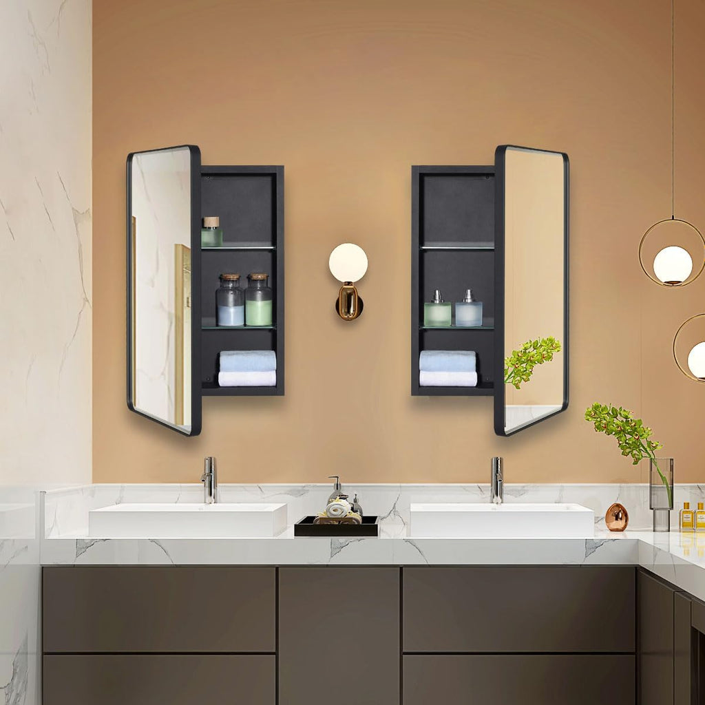 Black Bathroom Mirror Medicine Cabinet with Round Corner Framed Door and Beveled Edge Mirror 15 x 25 inch, Recessed