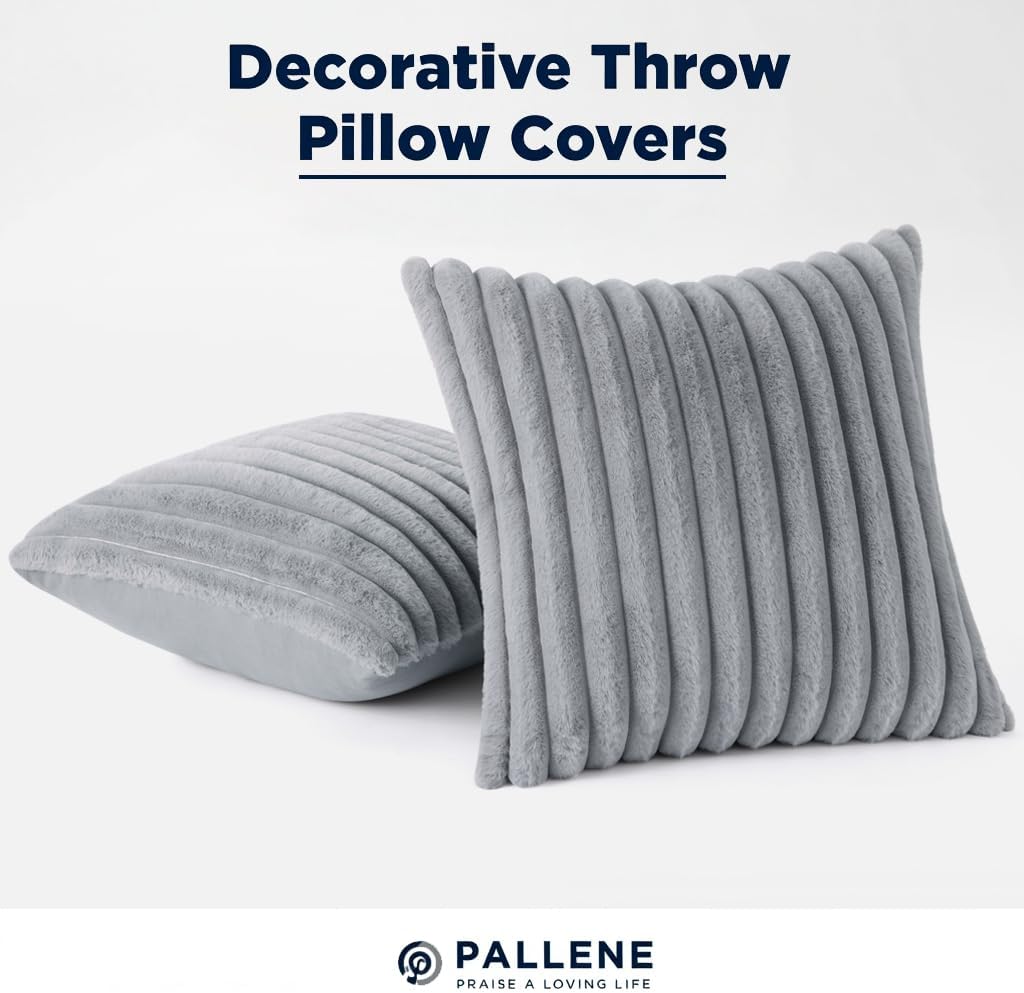 Faux Fur Plush Throw Pillow Covers 18x18 Set of 2, Luxury Soft Fluffy Striped Decorative Pillow Covers, Grey