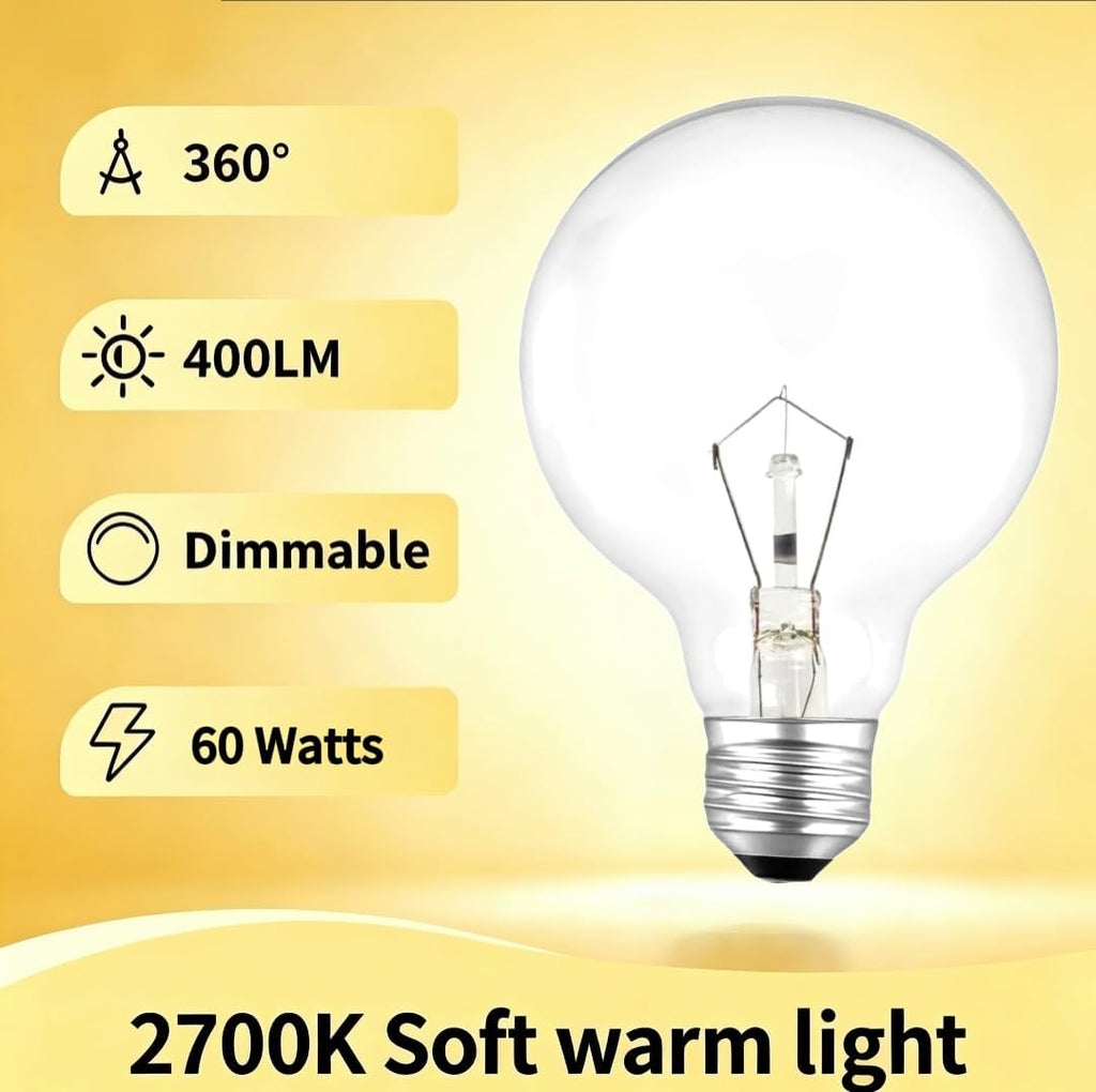 G25 Globe 60W Incandescent Light Bulbs, Double Life Globe Bulb, 2700K Soft White, E26 Base, Dimmable Crystal Clear