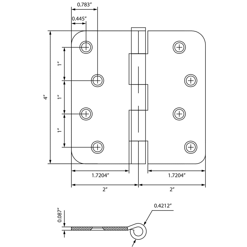 4" Door Hinges, 1/4" Radius Corner, Antique Nickel, 2-Pack
