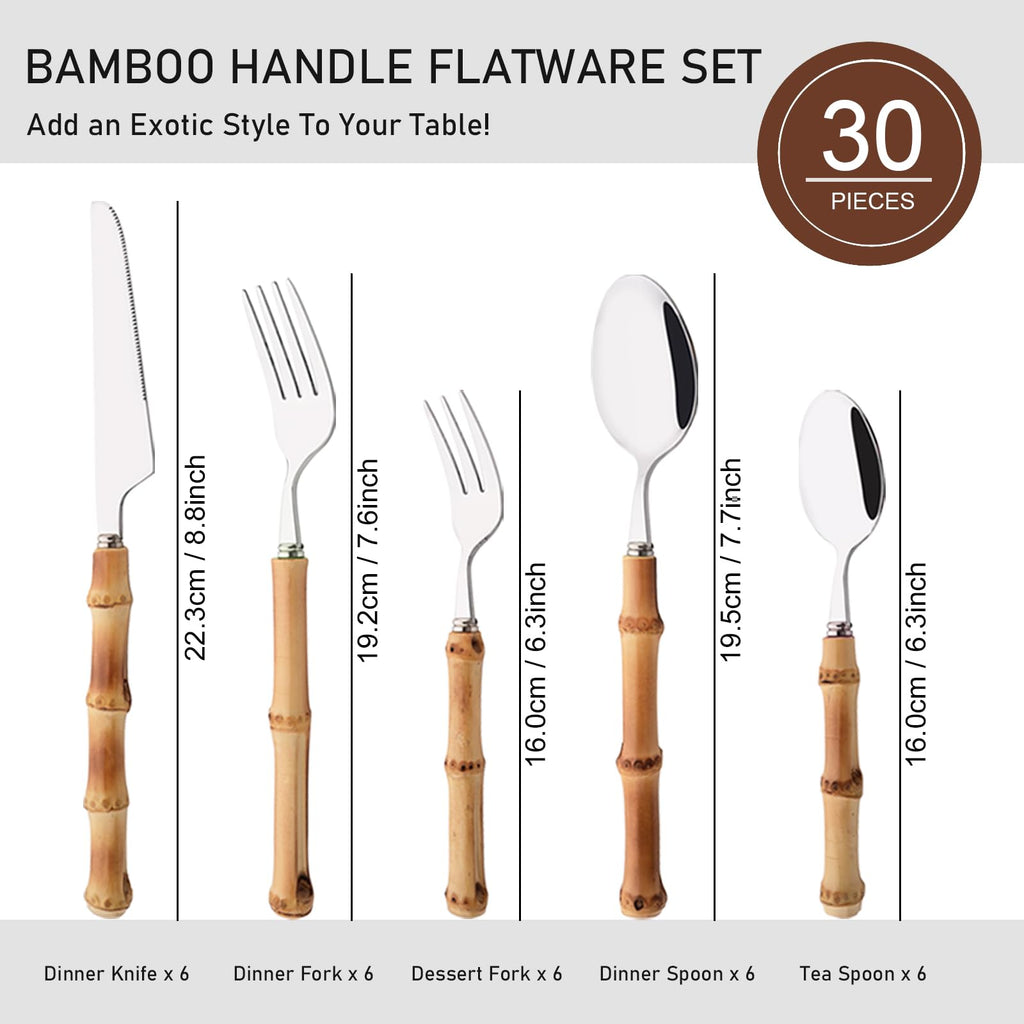 30PCS Silverware Set for 6, Bamboo Handle Flatware Set, Stainless Steel Cutlery Set Restaurant and Party, Bamboo