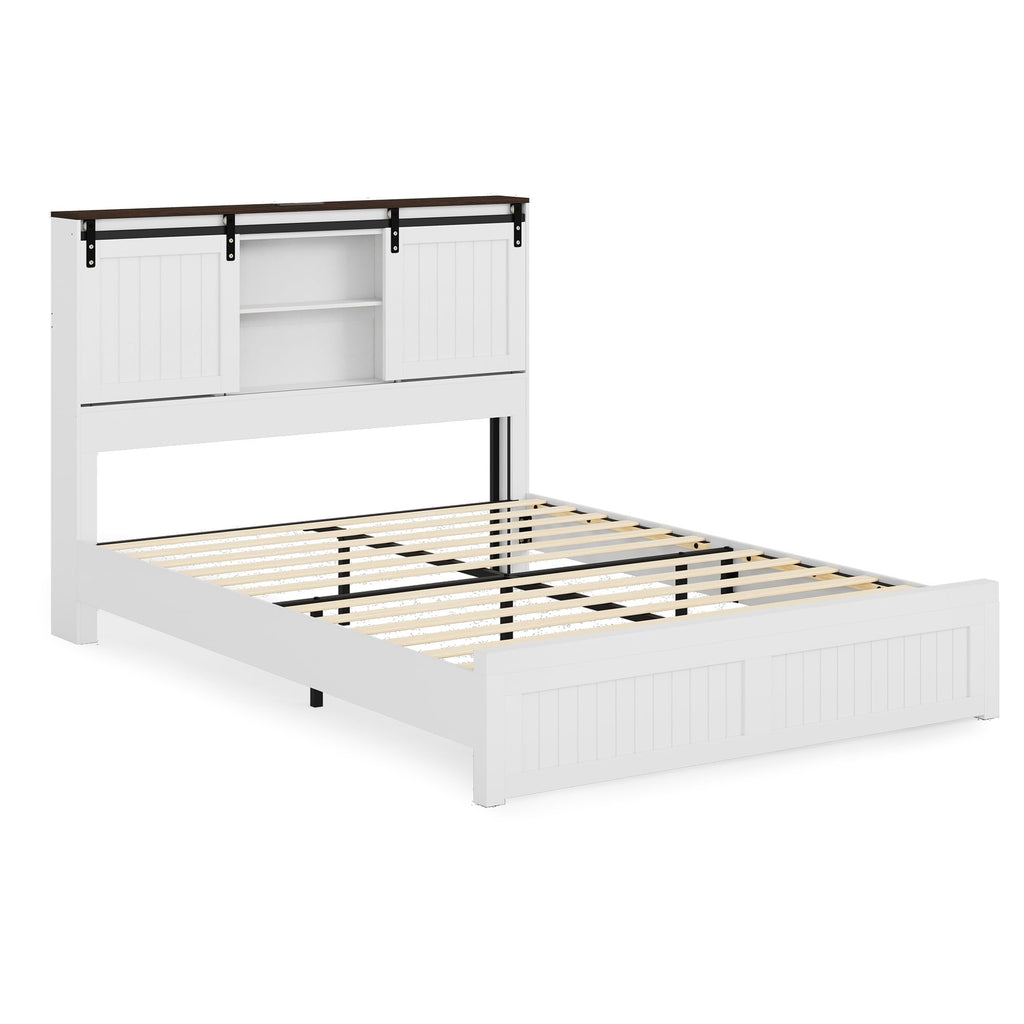 Farmhouse Bed Frame Wood with Headboard Storage, White