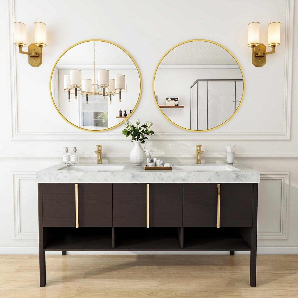 Gold Round Bathroom Mirror 24", Thin Metal Frame Wall Mirror