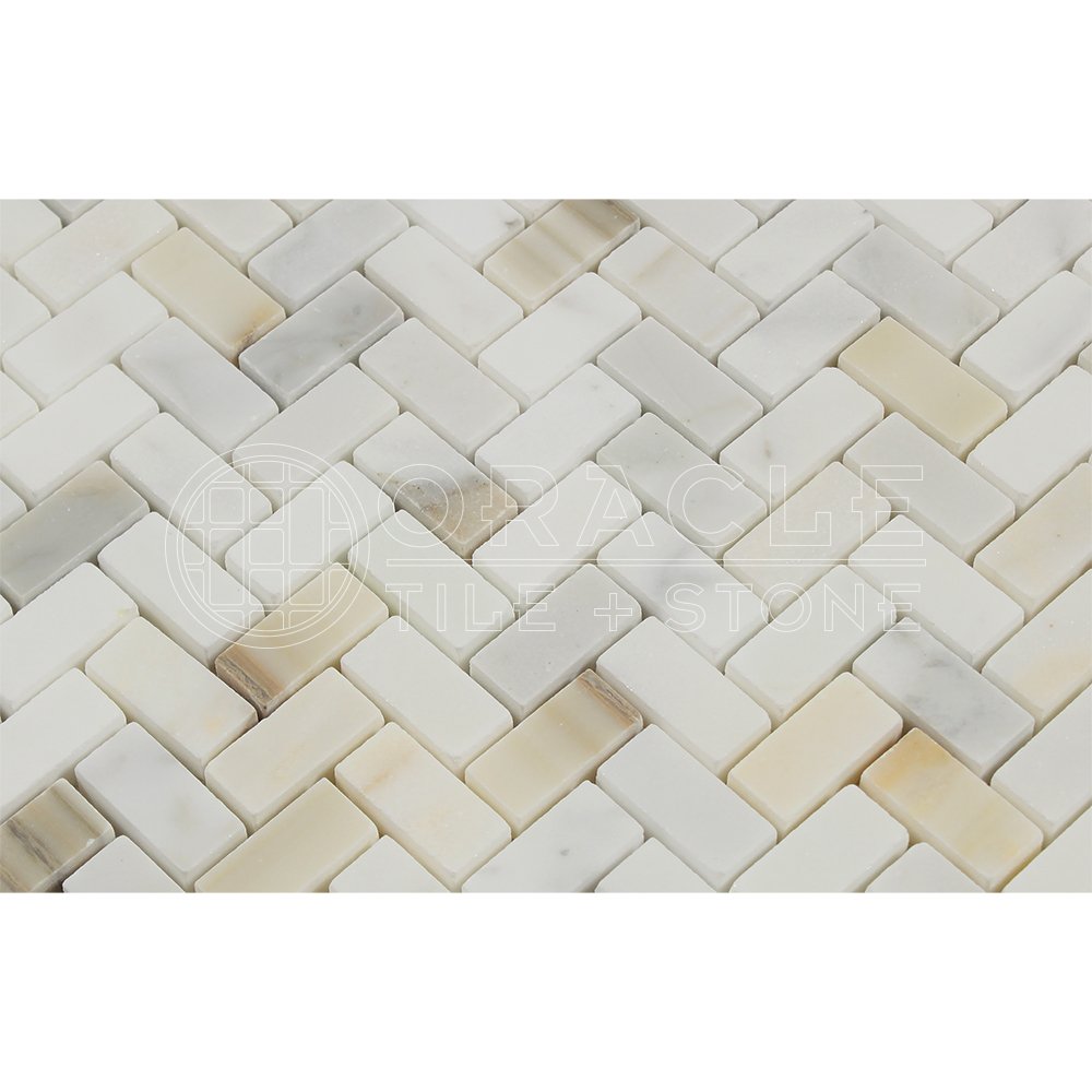 Calacatta Gold (Italian Calcutta) Marble Mini Herringbone Mosaic Tile, Polished