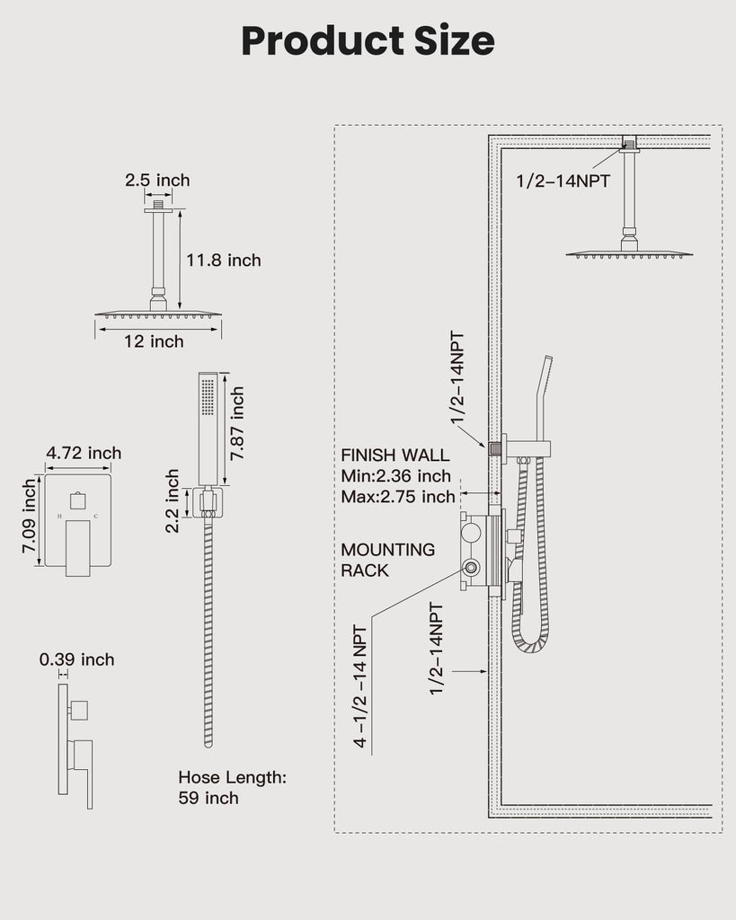 Ceiling Shower System with Handheld Brushed Gold,12 inch Head