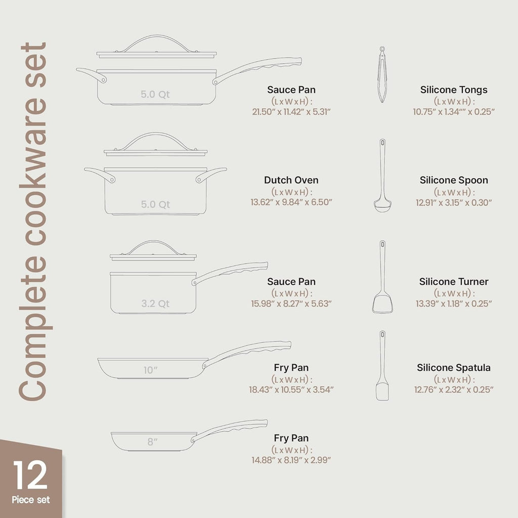 Bakken 12-Piece Ceramic Cookware Set, Nonstick Pots and Pans Set, Non-Toxic PTFE & PFAS-Free Cookware with Silicone