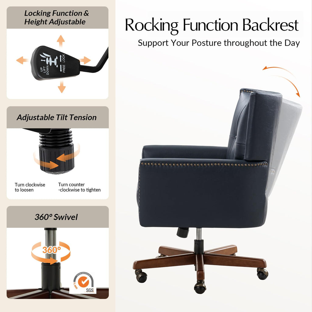 Faux Leather Office Chair with Tilt Function & Wood Base, Navy