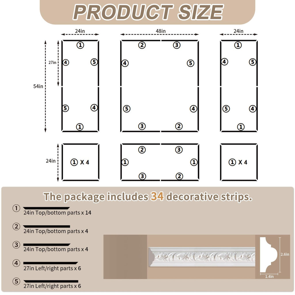 Peel and Stick Wall Molding Kit, 6 Pre-Cut Wainscoting Panels, White