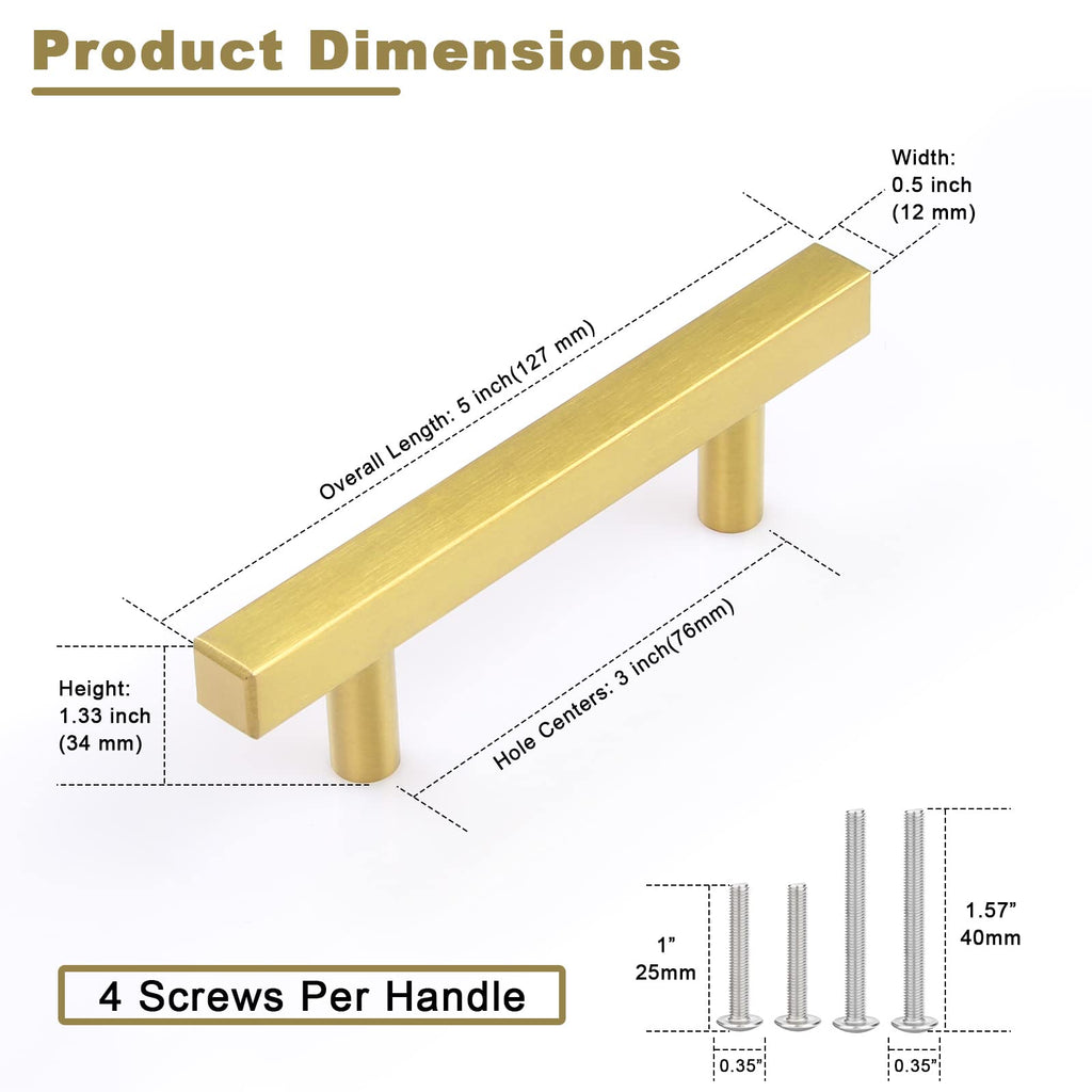 30 Pack Brushed Brass Cabinet Handles 3 Inch Gold Cabinet Pulls Modern Square Drawer Pulls Brass Gold Dresser Pulls