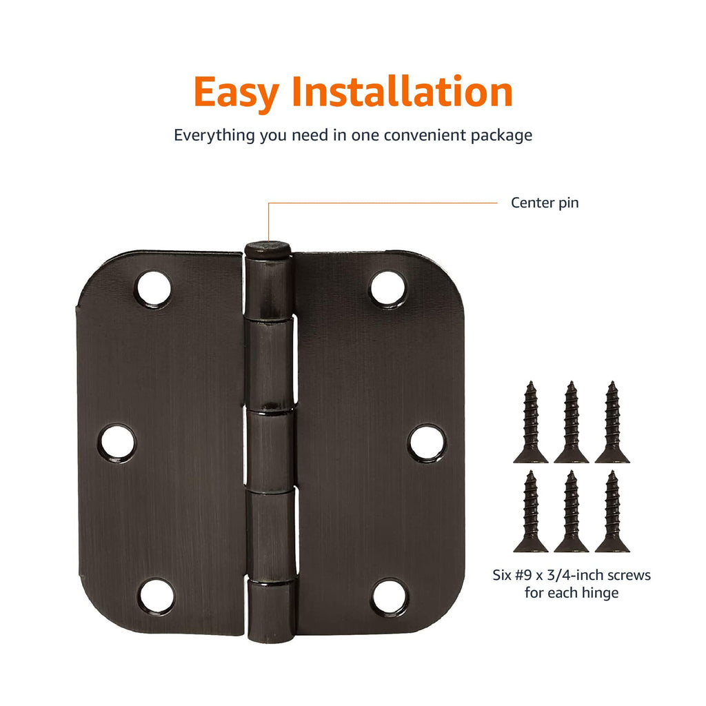Rounded 5/8 Radius Interior Door Hinges with Screws, 3.5" x 3.5", Oil Rubbed Bronze, 18-Pack