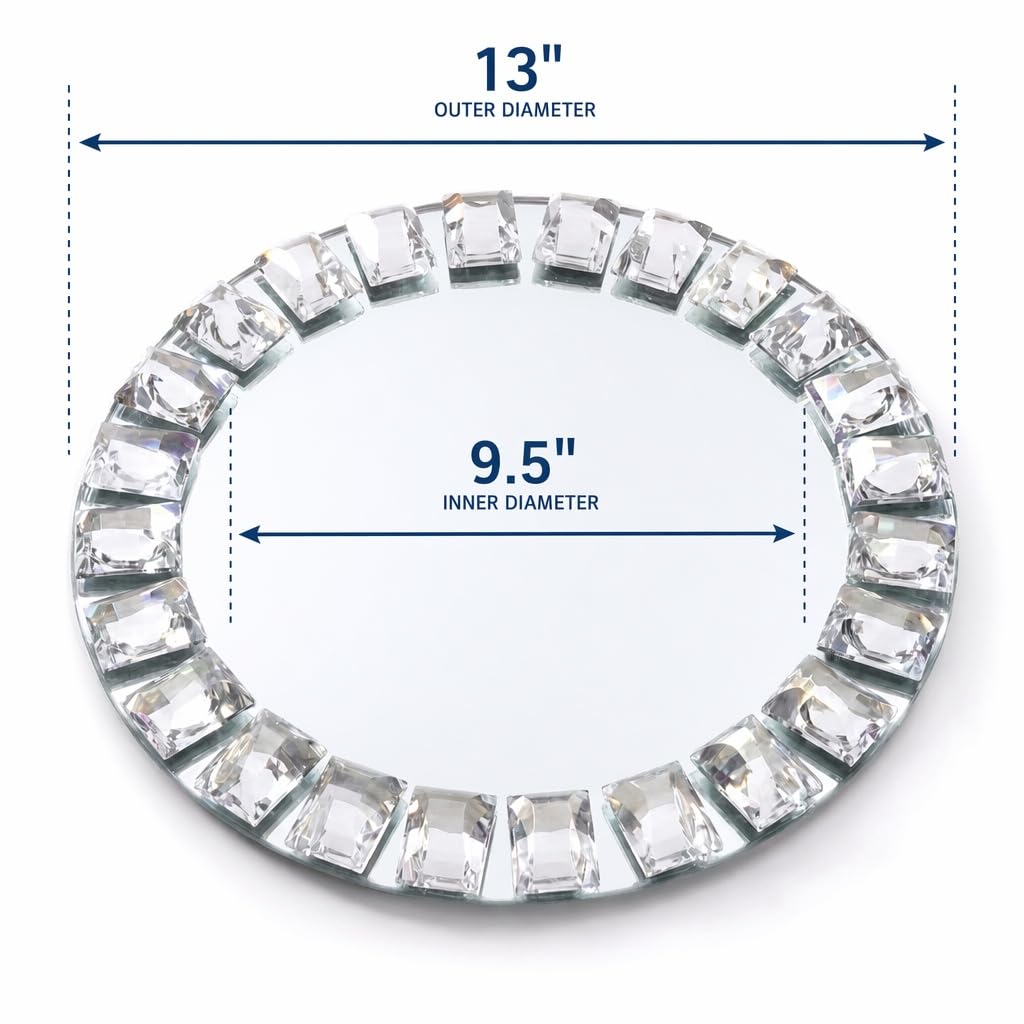 Silver Glass Charger Plates, Set of 4-13 Inch Round Mirror Chargers with Glass Mosaic Rim for Wedding Party Table