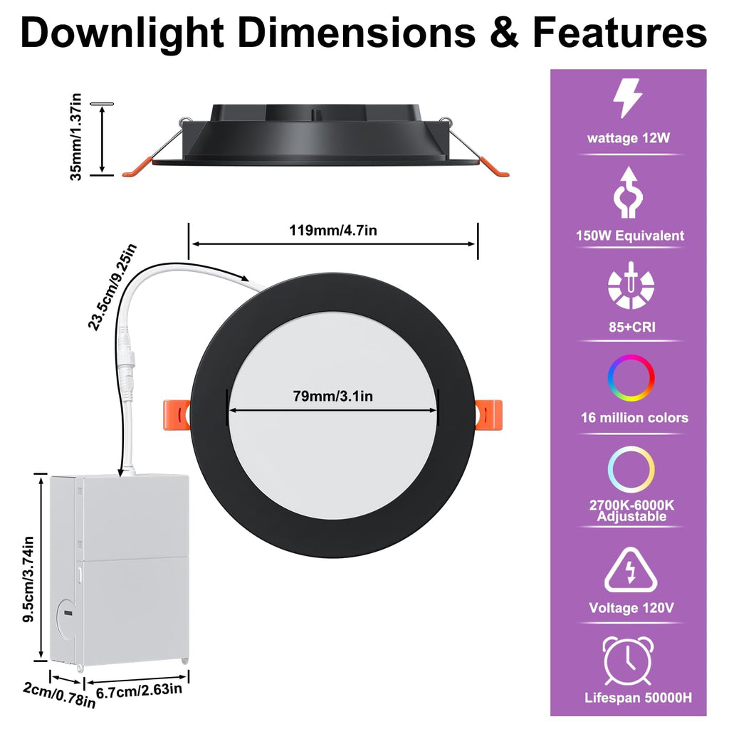 Black Smart Recessed Lighting 4 Inch RGBCW Color Changing 12W LED Downlight with Junction Box,1080 Lumen Recessed